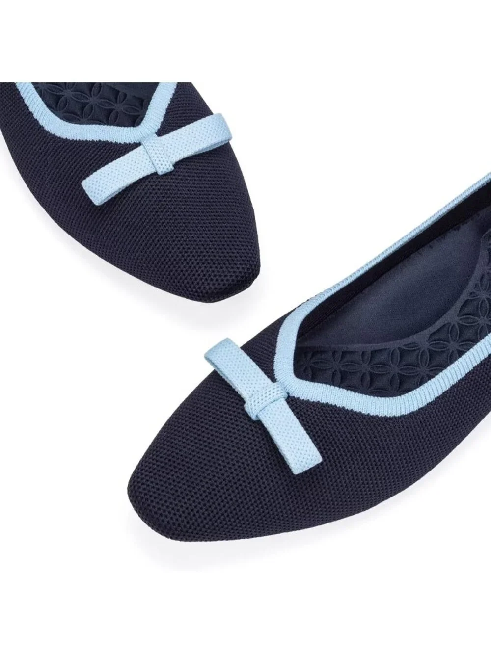Frank Mully Women's Navy Blue Rubber Knit Squared Toe Bow Slip On Ballet Flats